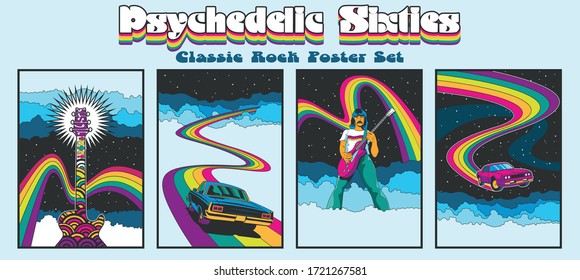 Classic Rock Music Psychedelic Poster Stylization, Guitar, Man, Muscle Car, Rainbow, Clouds