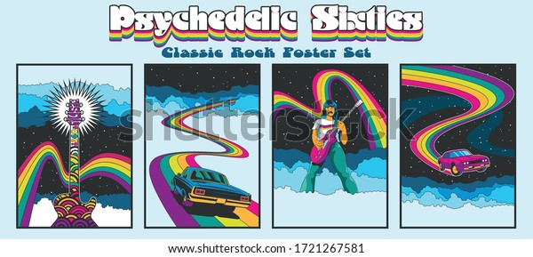Classic Rock Music Psychedelic Poster\
Stylization, Guitar, Man, Muscle Car, Rainbow,\
Clouds