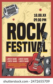 Classic Rock and roll night party festival concert poster flyer with guitar and speaker in vector illustration style