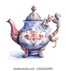 classic rococo decorative style tea pot in watercolor illustration