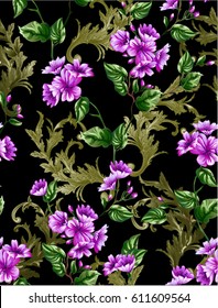 Klassische Rococo-Blumenflorter mit kleinen Blumen und feiner Ast auf schwarzem Hintergrund mit barocken goldenen Swirlls