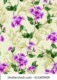 Classic rococo flower patter with small flowers and fine branch  on beige background with baroque swirls