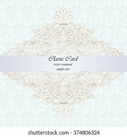 Classic rococo ornament design card for weddings, ceremonies, invitations or birthday parties. Golden engraving frame border. Antique style acanthus decor. Blue background. Vector
