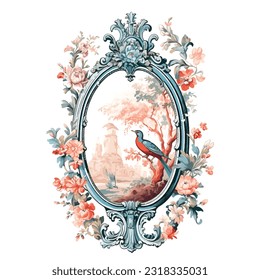 Classic rococo toile de jouy illustration of elegant luxury mirror with garden painting inside