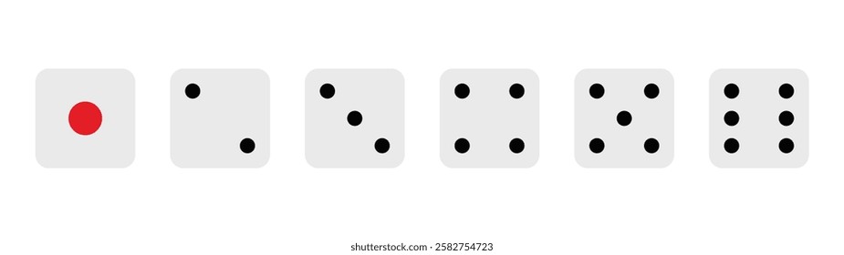 Classic roll dice icons set. Black red white game dice cubes from one to six dots. Gambling objects to play in casino, poker. Six faces of cube. Traditional dice with numbers of dots from 1 to 6