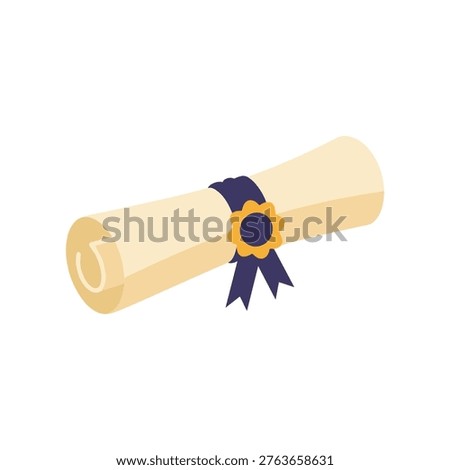 Classic rolled diploma scroll icon, tied with a dark blue ribbon and a distinctive yellow and dark blue seal, elegant symbol of graduation or achievement.