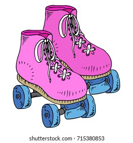 Classic roller skates. Laced roller skates. Vector illustration of children's roller skates. Roller skates with four wheels.