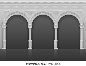 Classic roman antique interior with stone arches and columns vector illustration. Architecture ancient arch with column