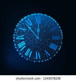 Classic roman numeral glowing low polygonal clock with arrows showing 5 minutes till midnight. Countdown time to New Year. Futuristic wireframe design vector illustration. 