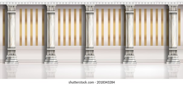 Classic roman pillar illustration, vector palace architecture background, vintage room wall, golden stripe. Baroque antique interior, marble column wallpaper, colonnade hall. Classic pillar front view