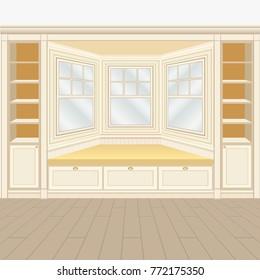 Classic room interior with oriel, window seat and windows. Walls decorated by white wooden panels. Beige and white color gamut. Vector illustration.