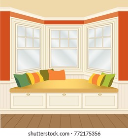 Classic room interior with oriel, window seat and windows. Walls decorated by white wooden panels. Beige and white color gamut. Vector illustration.