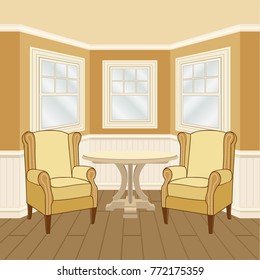 Classic room interior with oriel and windows. Walls decorated by white wooden panels. Beige, golden olive and lemon curry color gamut. Vector illustration.