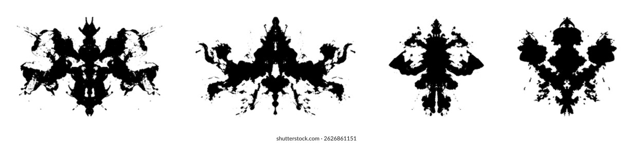 Classic Rorschach inkblot test elements on white. Abstract symmetrical ink stains for psychological projection, therapy sessions, mental health diagnosis, and conceptual art or symbolism design