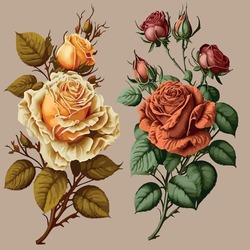 Classic Rose. Decorative Strange Roses, Buds, Bouquet. Beautiful Bouquet Of Roses. Vector Illustration