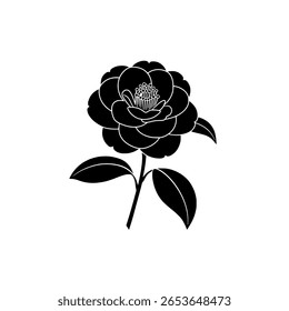 Flor de rosa clássica com um caule e folhas, como uma silhueta preta sólida. Ícone simples representando amor, romance ou beleza.