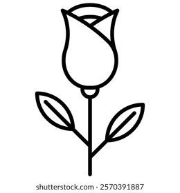 A classic rose flower with two leaves line art icon illustration. Perfect for Valentine's Day, Mother's Day, and nature-themed designs.