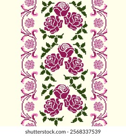 Classic Roses Pixel Design in Vibrant Pink and Green, Cross-Stitch Rose Pattern