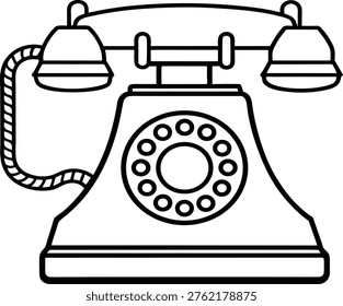 Classic rotary telephone vector graphic illustration, a timeless symbol of retro communication and vintage technology. Its simple line art design evokes nostalgia for a bygone era, perfect for historical or antique-themed projects, featuring its traditional handset, coiled cord, and iconic dial plate.