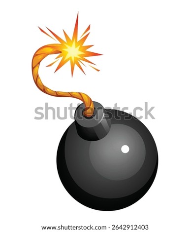 Classic round bomb with a lit and sparking fuse, ready to detonate. Vector cartoon illustration