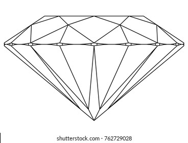 Classic round brilliant cut diamond, symbolic wire side view isolated on white background. Vector illustration