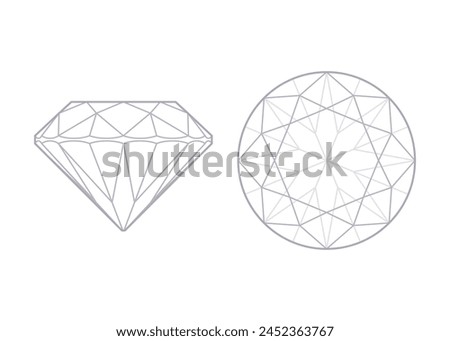 Classic round brilliant cut diamond side and top views. Outline icon with editable stroke. Vector illustration isolated on white background. Wealth and romance concept. For web, app, interface, design
