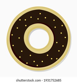 Classic round chocolate donut flat vector, sweet bakery dessert with chocolate cream glaze or icing and round sprinkles topping.