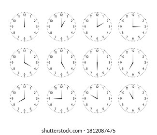 Classic round clock dial plates collection. Clock and watch faces with arabic numerals and full day time variations with hour hand outline vector illustration isolated on white background