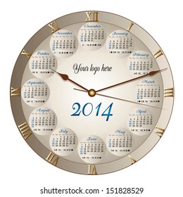 A classic round clock shaped calendar for 2014, moon phases included