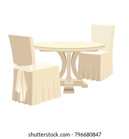 Classic Round Dining Table And Two Chairs With Seat Cover. Textile Cover For A Chair With Bow. Vector Illustration Isolated On White Background