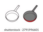 A classic round frying pan or wok with a long handle shown from an angled view. Features a bold outline worksheet next to a dark charcoal grey colored version with a red rim accent