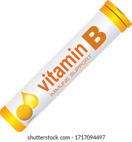 Un frasco clásico de píldoras redondas para el apoyo inmunitario vitamina B. Ilustración vectorial.