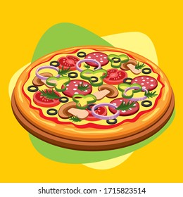 Classic round pizza with sausage, mushrooms, tomato, pepper, olives, cheese and sauce. Vector illustration.