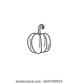 Classic round pumpkin with vertical ridges and a curved stem drawing in black isolated on white background. Hand drawn vector sketch illustration in doodle engraved vintage line art style