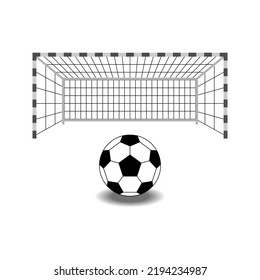 Torneo clásico de fútbol frente al gol de fútbol. Puerta aislada de fútbol negro con red. Plantilla de partidos de fútbol. Patada directa. El objetivo es anotar la pelota en la puerta del oponente. Ilustración en blanco y negro