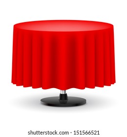 Classic round table with long red cloth isolated on white background. 