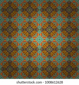 Classic round vintage pattern. Elegant vector ornament in classic style. Abstract traditional seamless pattern with oriental elements in orange, blue and brown colors.
