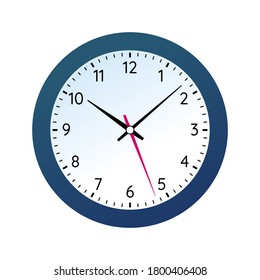 Classic round wall clock in black body. Analog office clock face with numbers. Conception of punctuality, accuracy and time measurement flat vector illustration isolated on white background.