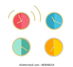 Classic round wall clock with color bodies. Wall clock icons set. Mechanical clock. Office workplace design element. Isolated object on white background. Vector illustration.