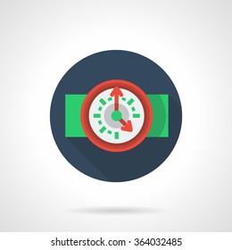 Classic round wall clock with red frame and red arrows. Business time concept. Management. Blue round flat vector icon with long shadow. Element for web design, business, mobile app.
