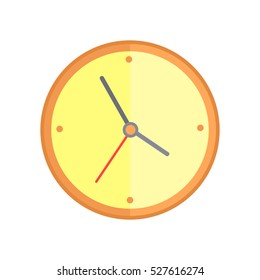 Classic round wall clock with yellow color bodies. Wall clock icon. Mechanical clock. Office workplace design element. Isolated object on white background. Vector illustration.