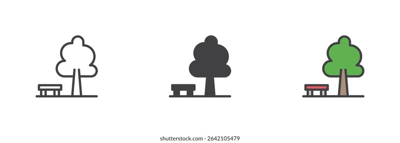 Classic rounded park tree with trunk and bench shown in line, solid and filled outline icon styles. Vector plant symbol for park and greenery visuals.