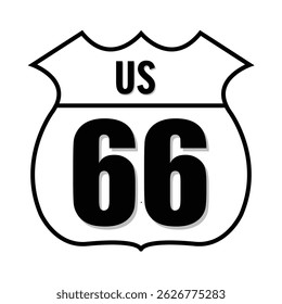 Sinal de estrada Classic Route 66 em preto e branco com forma de escudo usado para representar viagens, rodovias e passeios históricos	