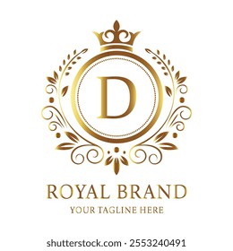 Classic royal brand logo featuring D monogrammed letter with a crown and ornate golden floral design  
