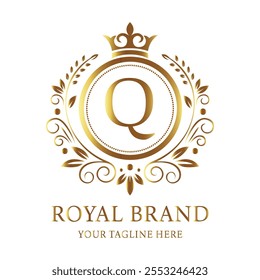 Classic royal brand logo featuring Q monogrammed letter with a crown and ornate golden floral design  
