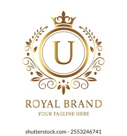 Classic royal brand logo featuring U monogrammed letter with a crown and ornate golden floral design  
