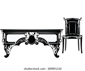 Classic royal chair and table with ornaments . Vector