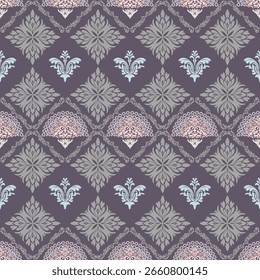 Damasco real clássico em formação de diamante com tons roxo escuro e cinza. Ótimo para decoração elegante, têxteis e artigos de papelaria.