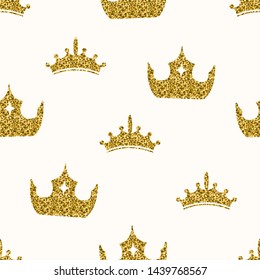 Classic royal kings and queens glitter crown seamless pattern. Vintage golden imperial heraldic background. Exclusive premium gold wallpaper design.