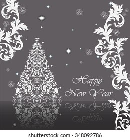 Classic royal silver ornamented New Year card. Vector